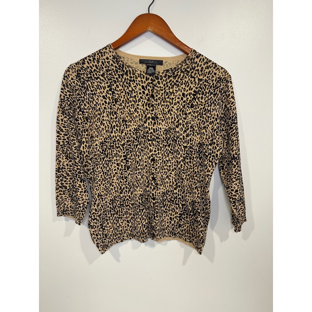 Silx Leopard silk nylon cardigan animal print‎ L career sophisticated 3/4 sleeve